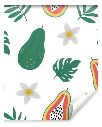 Vector pawpaw seamless pattern. Jungle fruit repeat background. Hand drawn flat exotic texture. Bright childish healthy tropical summer food digital paper
