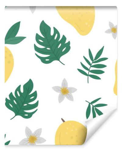 Vector mango seamless pattern. Jungle fruit repeat background. Hand drawn flat exotic texture. Bright childish healthy tropical summer food digital paper