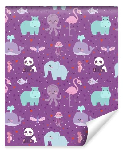 Animals cartoon wildlife nature seamless pattern jungle texture bird colorful retro wallpaper vector