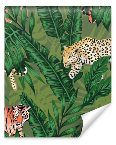 green banana leaves tiger leopard seamless background