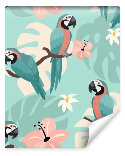 Trendy pattern with parrots and tropical leaves. Vector seamless texture. 