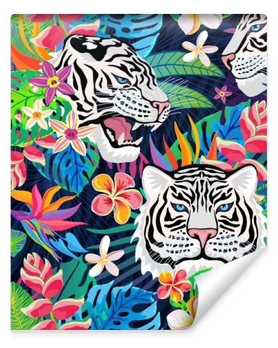 Seamless pattern. White tiger head roar wild cat in colorful jungle. Rainforest tropical leaves background. Fashion textile, fabric. Tiger stripes vector character art illustration