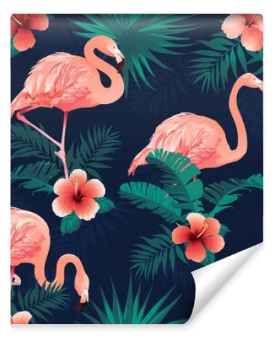 Beautiful Flamingo Bird Tropical Flowers Background. Seamless pattern vector.