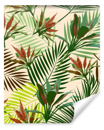 Seamless pattern tropical leaves of palm tree and flowers. Vector background.
