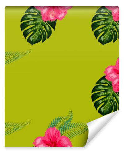 Tropical hibiscus flowers and palm leaves bouquets seamless pattern