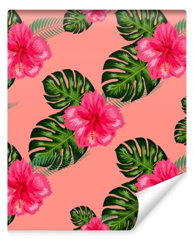Tropical hibiscus flowers and palm leaves bouquets seamless pattern