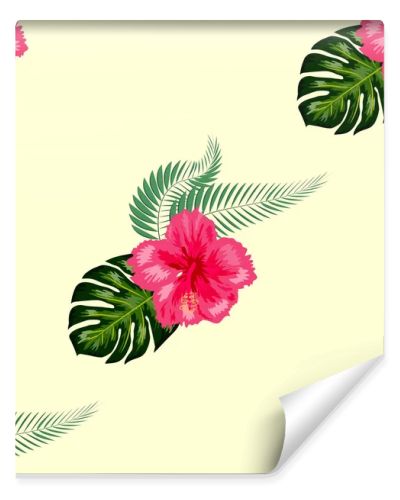 Tropical hibiscus flowers and palm leaves bouquets seamless pattern