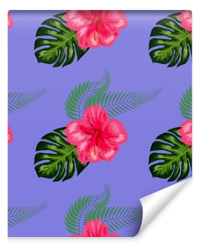 Tropical hibiscus flowers and palm leaves bouquets seamless pattern
