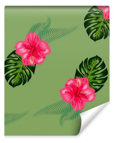 Tropical hibiscus flowers and palm leaves bouquets seamless pattern