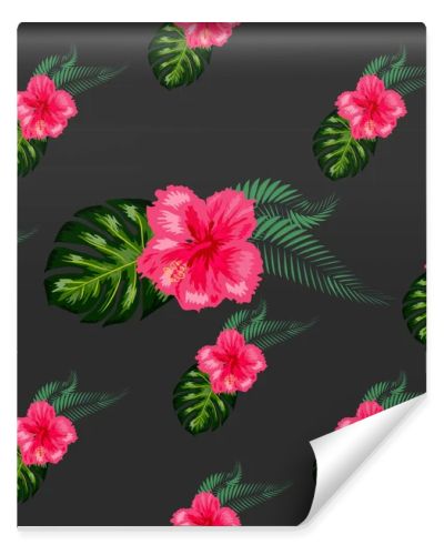 Tropical hibiscus flowers and palm leaves bouquets seamless pattern
