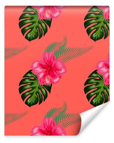 Tropical hibiscus flowers and palm leaves bouquets seamless pattern