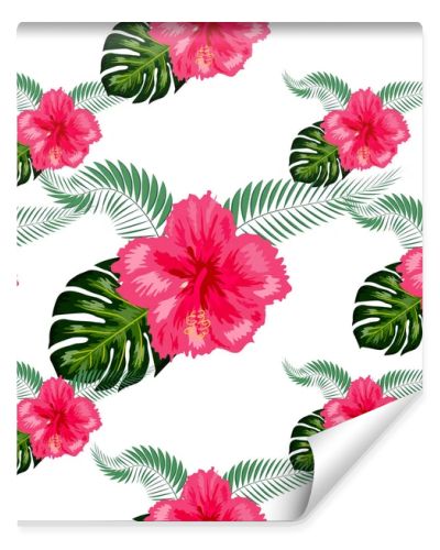 Tropical hibiscus flowers and palm leaves bouquets seamless pattern