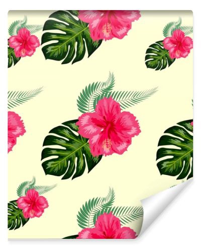 Tropical hibiscus flowers and palm leaves bouquets seamless pattern