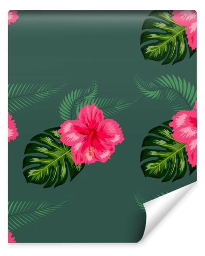 Tropical hibiscus flowers and palm leaves bouquets seamless pattern