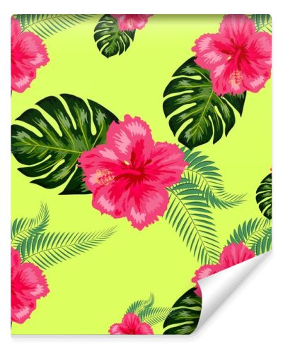 Tropical hibiscus flowers and palm leaves bouquets seamless pattern