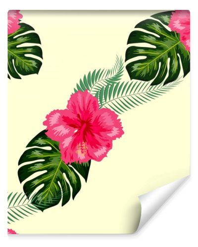 Tropical hibiscus flowers and palm leaves bouquets seamless pattern