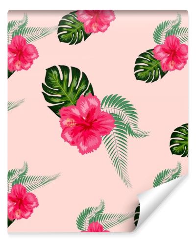 Tropical hibiscus flowers and palm leaves bouquets seamless pattern
