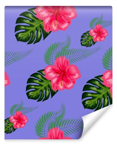 Tropical hibiscus flowers and palm leaves bouquets seamless pattern