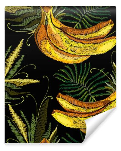 Embroidery bananas and palm leaves seamless pattern, jungle art. Fashion template for clothes, textiles and t-shirt design