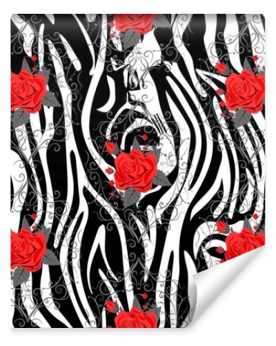 Zebra Stripes with red rose Florals Flowers Seamless Pattern. Zebra print, animal skin, tiger stripes, abstract pattern, line background, fabric. Amazing hand drawn vector illustration. Poster, banner