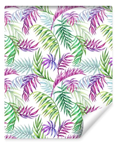 Seamless pattern of palm leaves on a white background, watercolor illustration. Floral tropical print for fabric, background for various designs.
