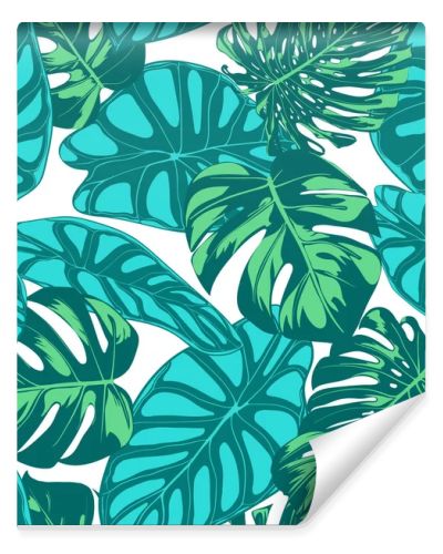 Seamless Vector Tropical Pattern. Monstera Palm Leaves and Alocasia. Jungle Foliage with Watercolor Effect. Exotic Hawaiian Textile Design. Seamless Tropical Background for Fabric, Dress, Paper, Print