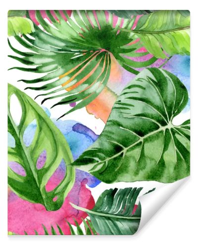 Exotic tropical hawaiian palm tree leaves. Watercolor background illustration set. Seamless background pattern. 
