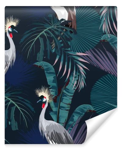 Tropical night vintage wild birds pattern, palm tree, palm leaves and plant floral seamless border black background. Exotic jungle wallpaper.