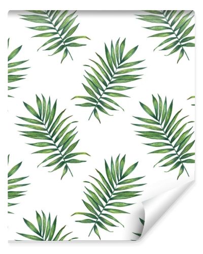 Hand painted watercolor palm  leaves seamless pattern on white. For wrapping paper, textiles, wallpaper and fabric.
