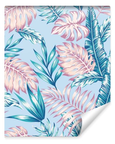 Spring floral seamless composition abstract color realistic tropical leaves blue background. Summer exotic pattern wallpaper