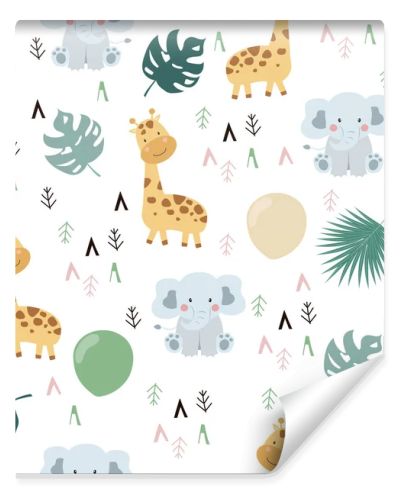 Hand drawn seamless pattern with giraffe,elephant,leaf and geometric