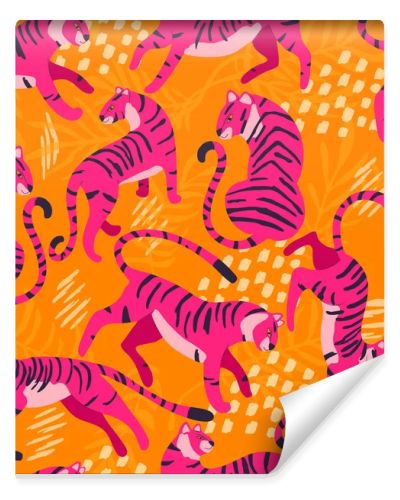 Seamless pattern with hand drawn exotic big cat tiger, in bright pink, with tropical plants and abstract elements on vibrant orange background. Colorful flat vector illustration