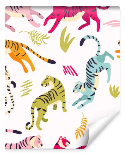 Seamless pattern with hand drawn exotic big cat tigers, in different vibrant colors, with tropical plants and abstract elements on light cream background. Colorful flat vector illustration