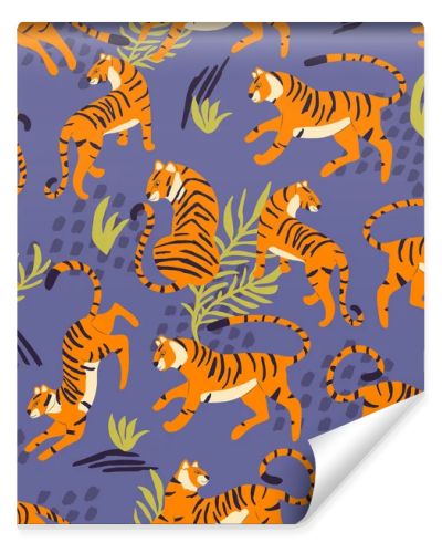 Seamless pattern with hand drawn exotic big cat tiger, with tropical plants and abstract elements on purple background. Colorful flat vector illustration