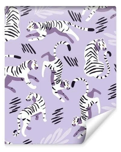 Seamless pattern with hand drawn exotic big cat white tiger, with tropical plants and abstract elements on light purple background. Colorful flat vector illustration