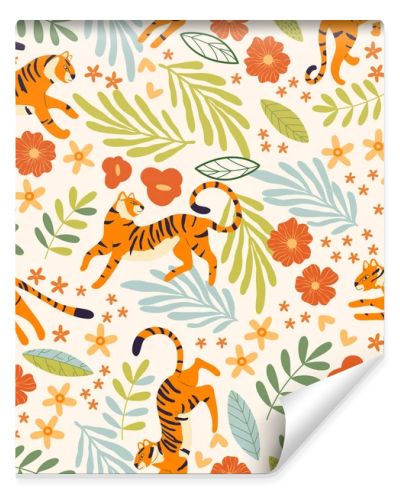 Seamless pattern with hand drawn exotic big cat tiger, with tropical plants, flowers and abstract elements on white background. Colorful flat vector illustration