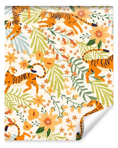 Seamless pattern with hand drawn exotic big cat tiger, with tropical plants, flowers and abstract elements on white background. Colorful flat vector illustration