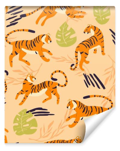 Seamless pattern with hand drawn exotic big cat tiger, with tropical plants and abstract elements on light brown background. Colorful flat vector illustration