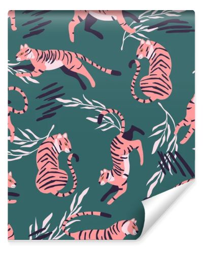 Seamless pattern with hand drawn exotic big cat pink tiger, with tropical plants and abstract elements on green background. Colorful flat vector illustration