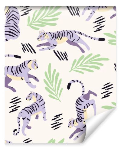 Seamless pattern with hand drawn exotic big cat purple tiger, with tropical plants and abstract elements on white background. Colorful flat vector illustration