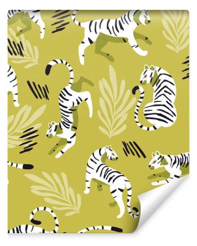 Seamless pattern with hand drawn exotic big cat white tiger, with tropical plants and abstract elements on light green background. Colorful flat vector illustration