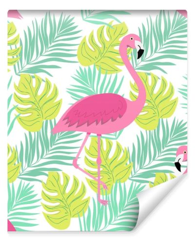 Seamless summer pattern with flamingo. Tropical trendy seamless pattern. Design for fabric, wallpaper, textile and decor.