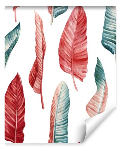 Palm leaves, tropical background, hand drawn watercolor botanical painting. Seamless pattern, jungle wallpaper. Red leaf. High quality illustration