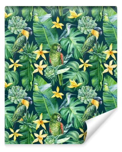 Palm leaves, vanilla flowers and parrots, tropical background, watercolor painting. Seamless pattern, jungle wallpaper. High quality illustration