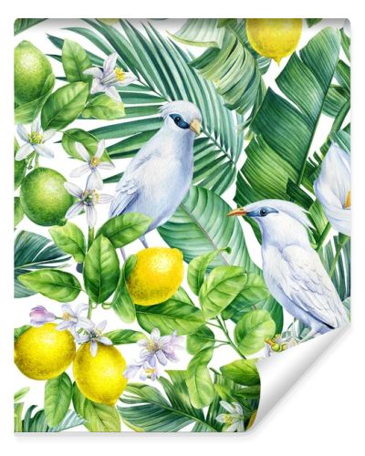 Bali Starling, leaves and butterfly. Tropical Seamless pattern, jungle illustration print. Watercolor style . High quality illustration