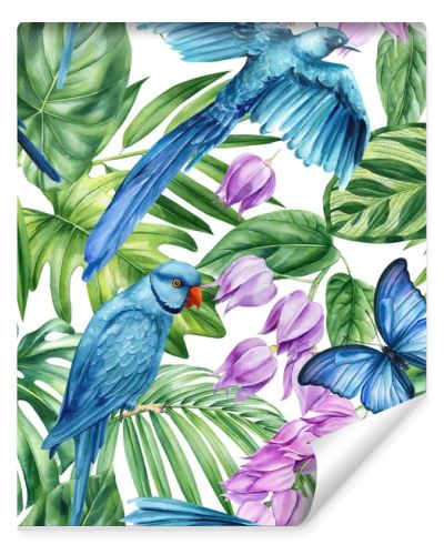 Tropical palm leaves, flowers and birds on white background. Watercolor hand-painted. Floral Seamless pattern. Jungle design . High quality illustration