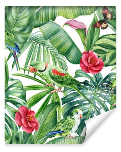 Tropical palm leaves, flowers and birds on white background. Watercolor hand-painted. Floral Seamless pattern. Jungle design . High quality illustration