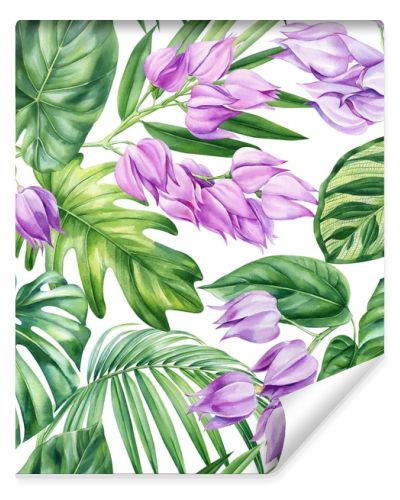 Palm leaves, violet flowers, tropical background, watercolor botanical painting. Seamless pattern, jungle wallpaper. High quality illustration