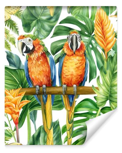 Colored Palm leaves, tropical background, hand drawn watercolor botanical painting. Seamless pattern, jungle wallpaper. High quality illustration