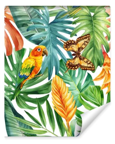 Colored leaves, lovebird, butterfly tropical watercolor painting. Seamless pattern, jungle illustration print . High quality illustration